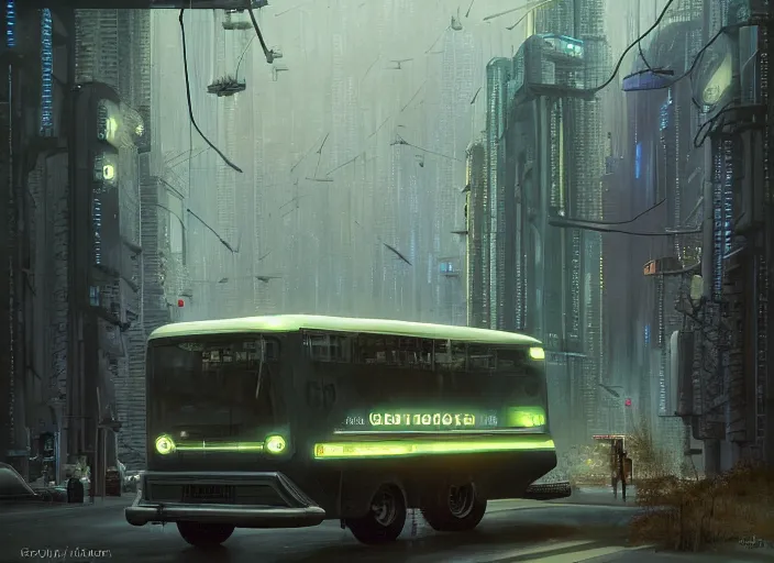 Image similar to a ca bus driving down a street next to tall Forest-1 the night, cyberpunk art by Chesley Bonestell, cgsociety, retrofuturism, matte painting, reimagined by industrial light and magic