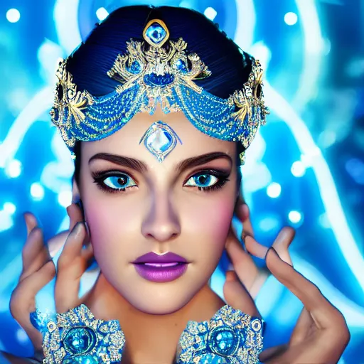 Image similar to princess of sapphire, glowing, ornate and intricate blue jewelry, jaw dropping beauty, glowing background lighting, blue accent lighting, hyper detailed, majestic, 4 k octane render