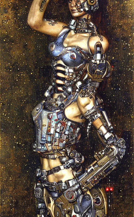 Image similar to cybernetic female supersoldier armed with laser rifle, intricate detail, klimt, royo, whealan,