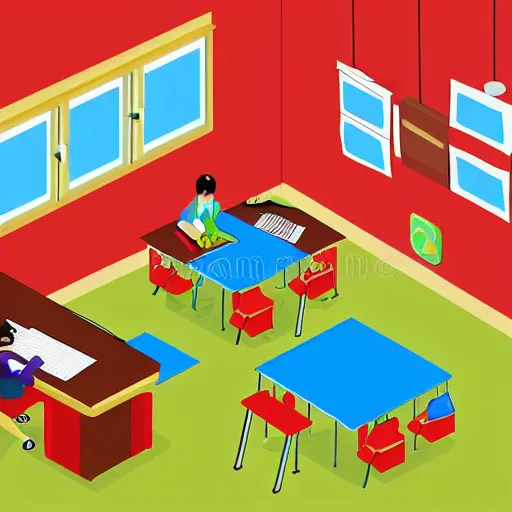 Prompt: isometric view of a classroom, illustration, children's book