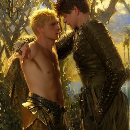 Prompt: attractive male arthur pendragon confesses his love to attractive male merlin. highly detailed painting by gaston bussiere, craig mullins, j. c. leyendecker 8 k