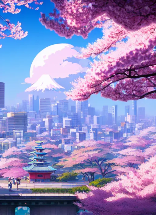 Prompt: a wholesome animation key shot, tokyo city in the background, cherry blossoms in the foreground, studio ghibli, pixar and disney animation, sharp, rendered in unreal engine 5, anime key art by greg rutkowski, bloom, dramatic lighting