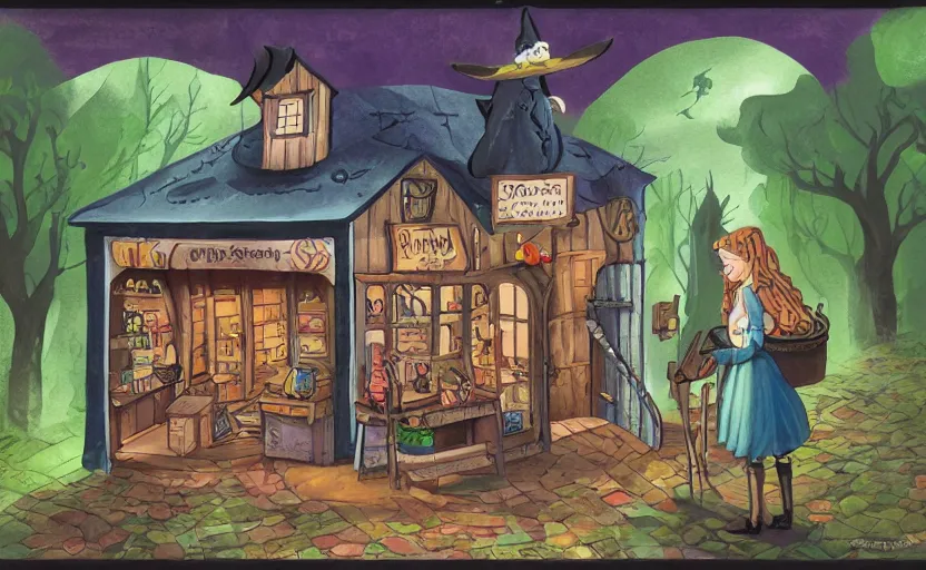 Image similar to witch's shop, storybook, gouache, flat, concept art, lush