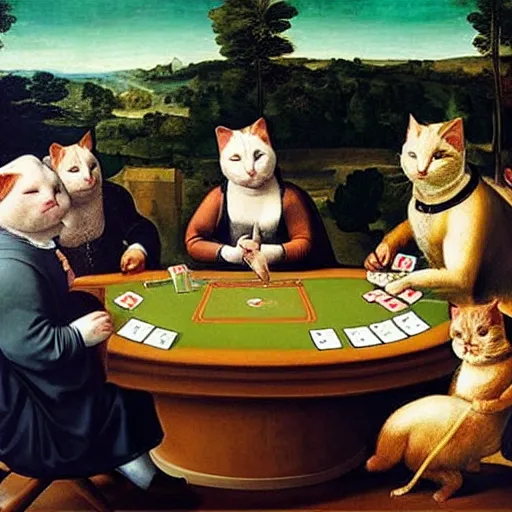 Prompt: fat cats playing poker, renaissance painting