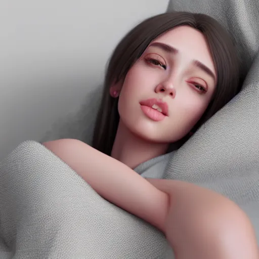 Image similar to 3 d render of a cute thin young woman, red blush, wearing casual clothes, small smile, relaxing on a couch, cozy under a blanket, cozy living room, close up shot, 8 k, octane render, trending on artstation, art by artgerm and irakli nadar, unreal engine 5, hyperrealism, hyperdetailed, ultra realistic