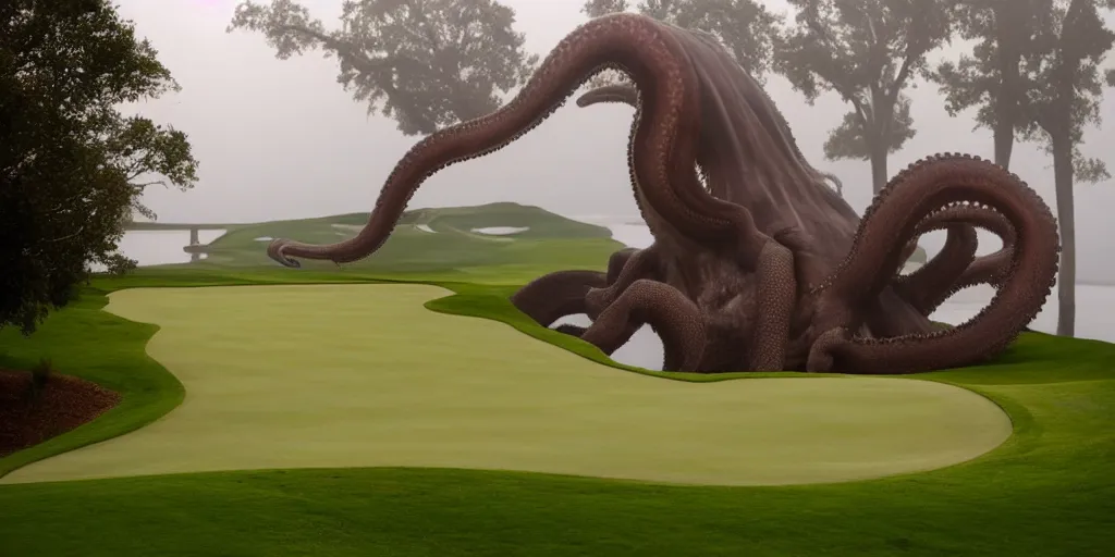 Image similar to a great photograph of the most amazing golf hole in the world, surrounded by water, giant octopus, ambient light, golf digest, top 1 0 0, fog