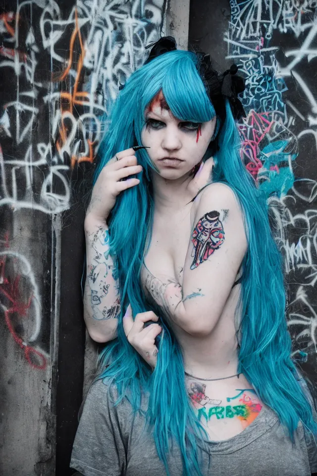 Image similar to a portrait of a grunge emo girl who has blue hair, a nose ring, black nails, fish net leggings, and is outside of a abandoned building with graffiti on it. Shallow depth of field. 4k hyperdetailed. Rendered with octane.