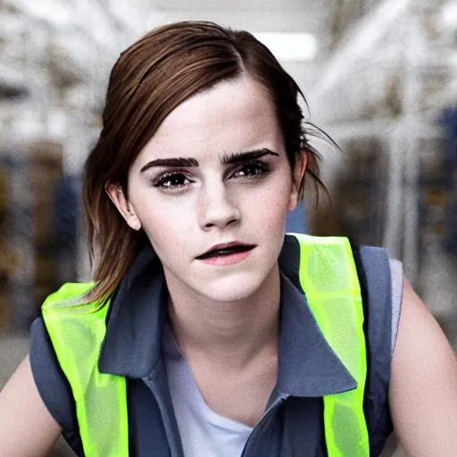 Image similar to photo, close up, emma watson in a hi vis vest, in warehouse, android cameraphone, humidity haze, 2 6 mm,
