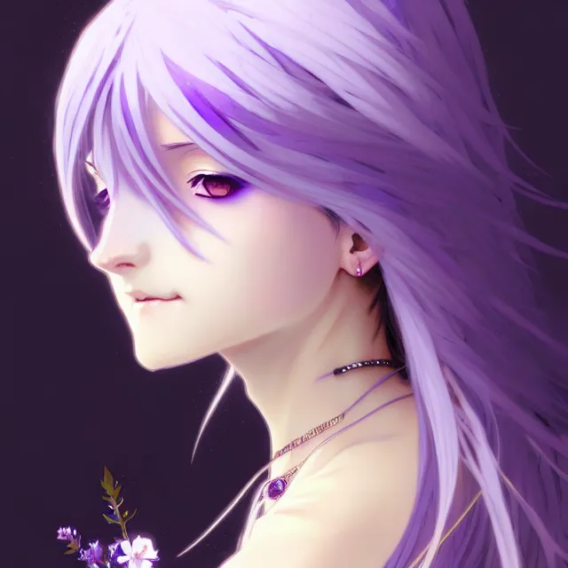 Prompt: anime girl with flowing lavender hair, purple eyes and white dress, black jewellery, profile photo, digital artwork, very beautiful face, pretty smile, extremely detailed art by greg rutkowski and alphonse mucha