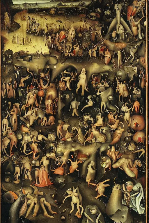 Prompt: world in which humankind has succumbed to the temptations of evil and is reaping eternal damnation. Ultra detailed painting by Bosch