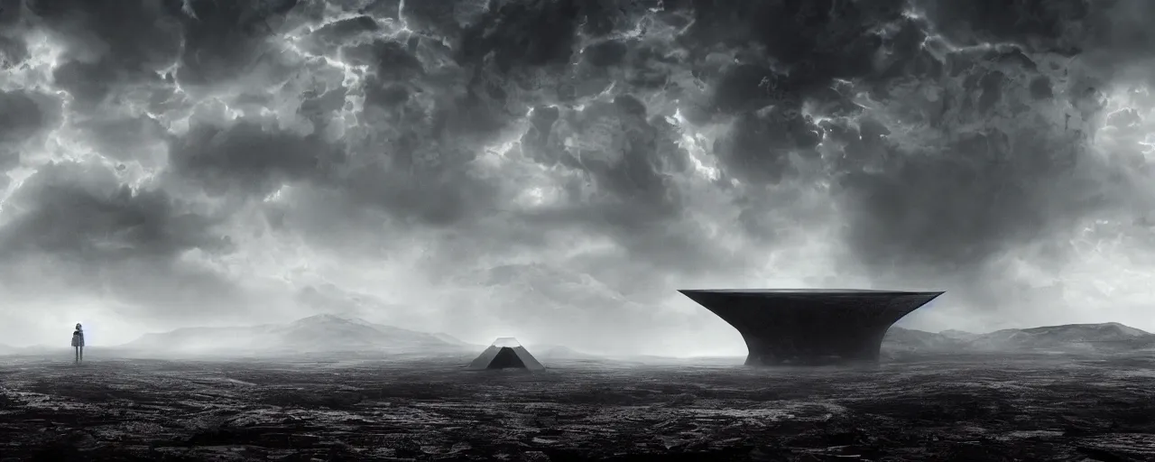 Image similar to a large ominous and geometric like large alien structure built on a barren dry land with an epic cloud formation on the background by HR GIger, Dariusz Zawadzki, Neil blevins, Feng Zhu, gustave doré, zhuoxin ye, very detailed, octane render, 8k, oranate and brooding, scary and dark, canon 24mm lens