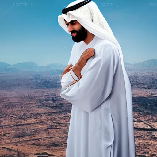 Image similar to a man in traditional Arabian costume overlooking his empire, cinematic, hyper realistic, soft lighting, intricate details, stunning