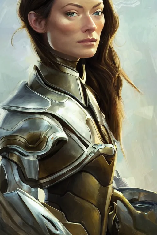 Image similar to a professional painting of a young Olivia Wilde, clothes in military armor, olive skin, long dark hair, beautiful bone structure, symmetrical facial features, intricate, elegant, digital painting, concept art, smooth, sharp focus, illustration, from StarCraft by Ruan Jia and Mandy Jurgens and Artgerm and William-Adolphe Bouguerea