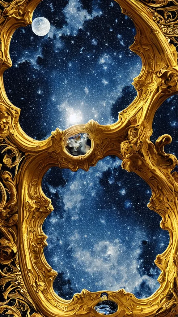 Image similar to sky in a starry night with glowing meteor showers, ascension of a woman decomposing and dissolving into moon, dark - blue black gold beige saturated, ornate baroque rococo art nouveau intricate detail, 3 d specular lighting, cinematic, blur