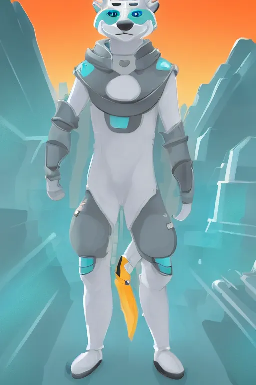 Image similar to photo of a cute male gray turquoise white orange otter fursona wearing tight futuristic clothes a city, fantasy, paws, 8 k resolution, hyper detailed, character design