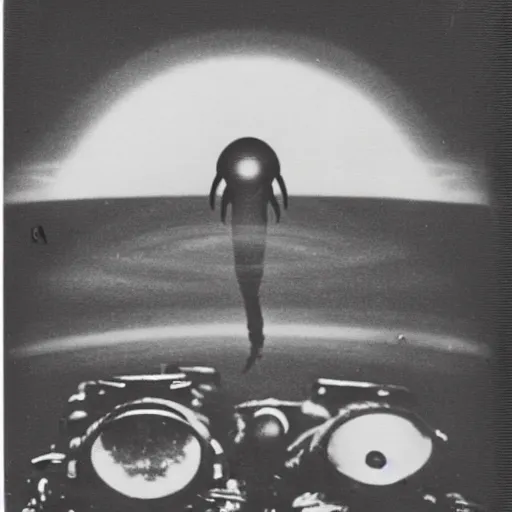 Image similar to polaroid photograph of aliens visiting earth, 1 9 5 0