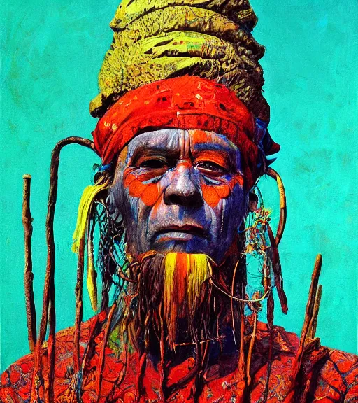 Image similar to Portrait painting in a style of Beksinski of an old shaman dressed in a colorful traditional clothes.