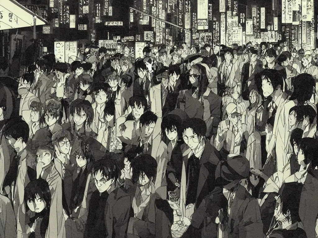 Prompt: few people waiting in a bus stop in dark city night, artwork by satoshi kon