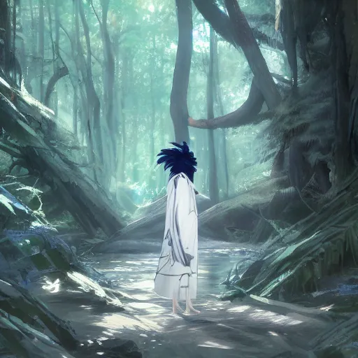 Image similar to concept art painting of an anthropomorphic humanoid white raven wearing dark blue robes, in the deep forest, realistic, detailed, cel shaded, in the style of makoto shinkai and greg rutkowski and james gurney