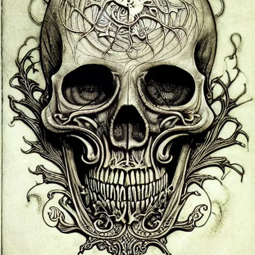 Image similar to memento mori by arthur rackham, art forms of nature by ernst haeckel, exquisitely detailed, art nouveau, gothic, ornately carved beautiful skull mask dominant, intricately carved ornamental antique bone, art nouveau botanicals, art forms of nature by ernst haeckel, horizontal symmetry, symbolist, visionary