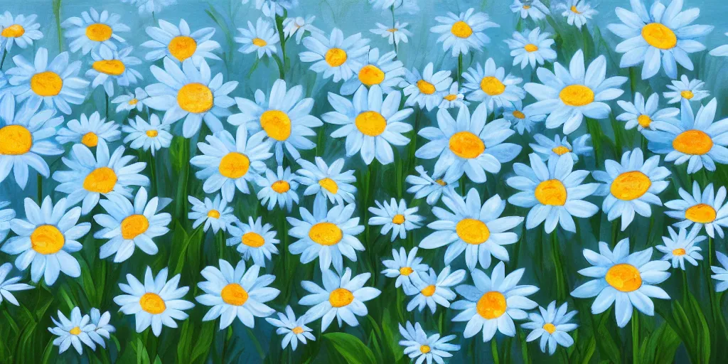 Image similar to light blue daisies on bottom half of painting, matte painting, white background