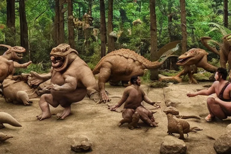 Image similar to photo, neanderthal people, sumo japanese, eating inside mcdonalds, surrounded by dinosaurs!, gigantic forest trees, sitting on rocks, bright moon