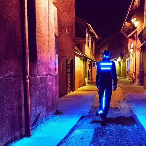 Image similar to a photo of a cyberpunk man walking in a medival village, the photo was taken from the ground looking up at the man's back, the city does not have any glowing lights, it is night time, the man has glowing neon pink and blue lights on his back, ultra high detail.