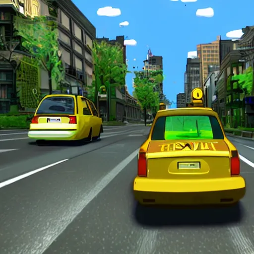 Prompt: ps 2 game about a frog driving a taxi, unreal 4 screenshot,