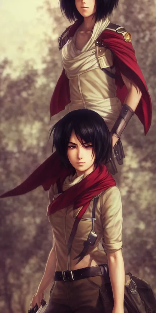 Image similar to mikasa ackerman, hero pose, medium shot, bokeh, beautiful face!!!!, 2 7 years old, cg animation, lifelike, animated, realistic, character select portrait, by artgerm, greg rutkowski, alphonse mucha, 3 d