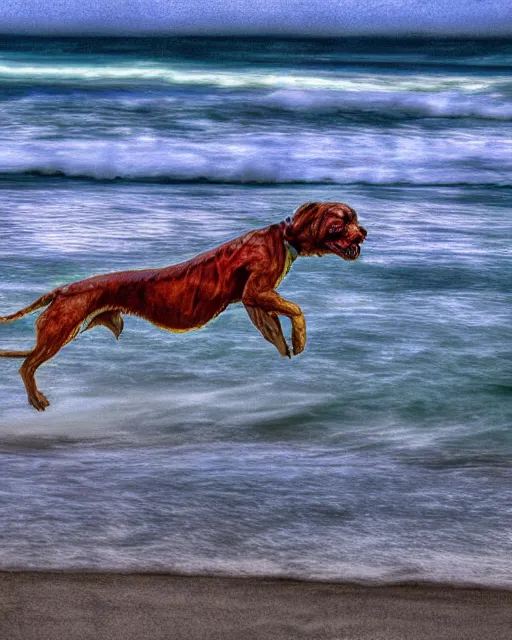 Prompt: zombie dog riding a surfboard on the north shore of hawaii, hyperreal, hdr, atmospheric