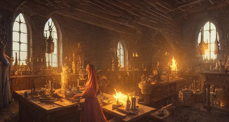 Image similar to highly detailed medieval alchemy lab in a castle, stephen bliss, unreal engine, greg rutkowski, loish, rhads, beeple, makoto shinkai and lois van baarle, ilya kuvshinov, rossdraws, tom bagshaw, tom whalen, alphonse mucha, global illumination, god rays, detailed and intricate environment