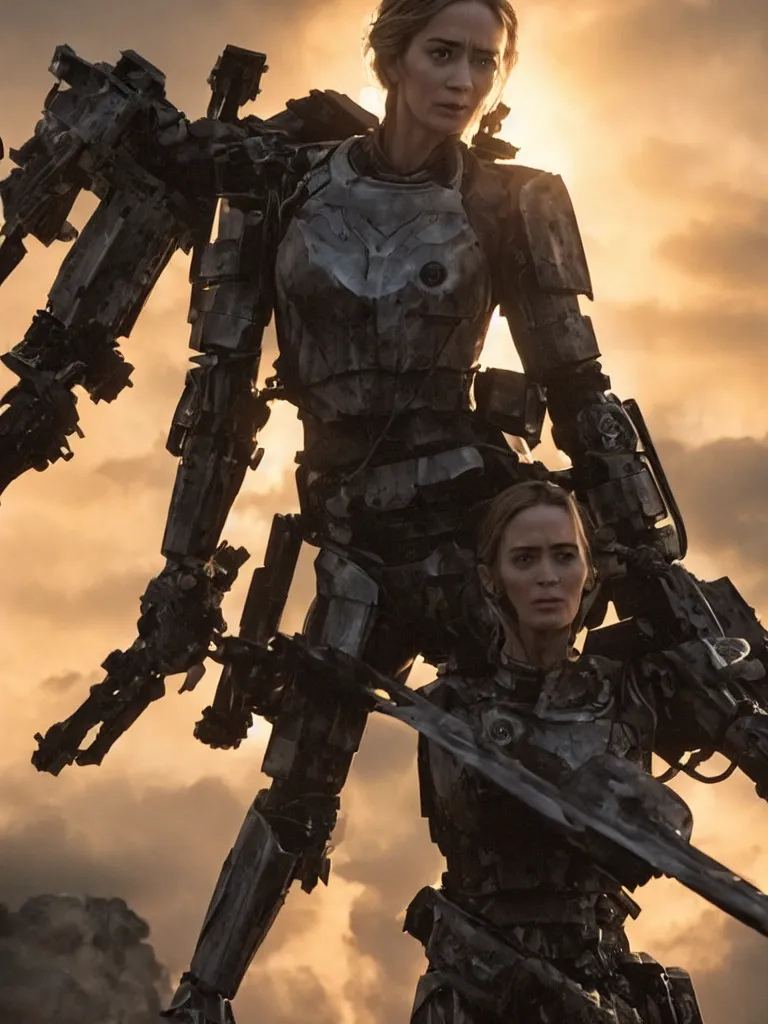 Image similar to emily blunt in futuristic power armor, holding a sword, edge of tomorrow, angel of verdun, sunset