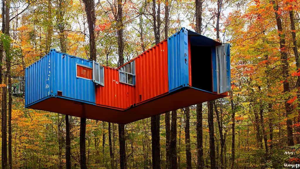 Image similar to modernist shipping container treehouses in william penn state forest, pennsylvania, usa, autumn