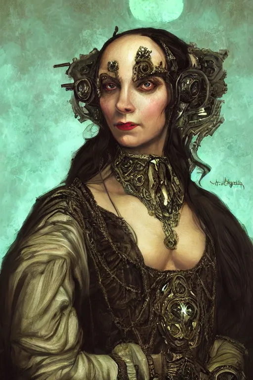 Image similar to portrait, headshot, digital painting, of a 17th century, beautiful, middle aged wrinkles, wicked, cyborg merchant woman, dark hair, amber jewels, baroque, ornate dark green clothing, scifi, futuristic, realistic, hyperdetailed, concept art, art by waterhouse