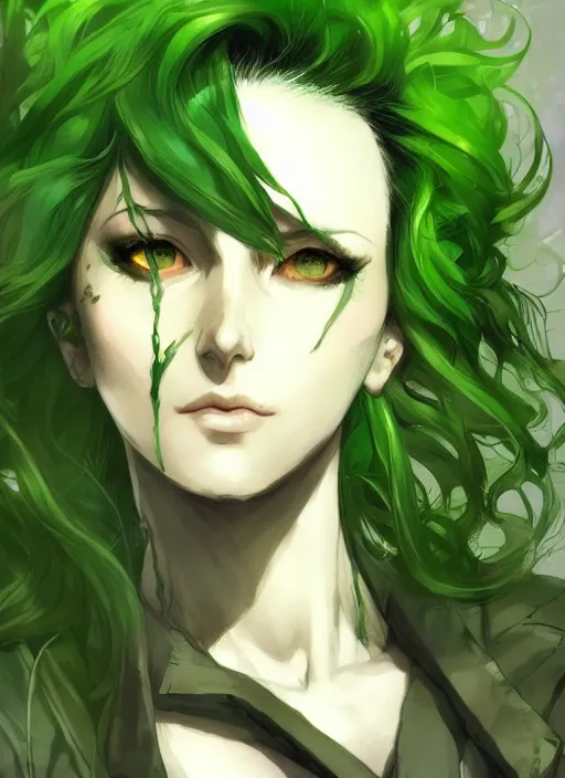 Image similar to Half body portrait of a beautiful dryad scientist with green hair and lab coat. In style of Yoji Shinkawa and Hyung-tae Kim, trending on ArtStation, dark fantasy, great composition, concept art, highly detailed.