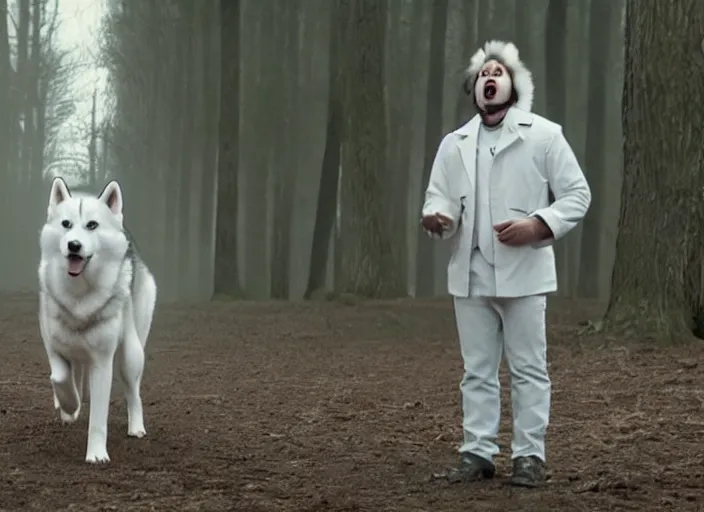 Image similar to film still of an anthropomorphic standing upright man dog white vested husky!!!!!! in a white vest wearing a white vest!!!!! in the new sci - fi movie, 8 k