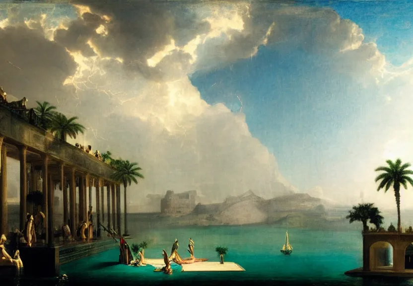 Prompt: Palace floating in the sky, 1km tall, thunderstorm, greek pool, beach and palm trees on the background major arcana sky, by paul delaroche, hyperrealistic 4k uhd, award-winning, very very very detailed