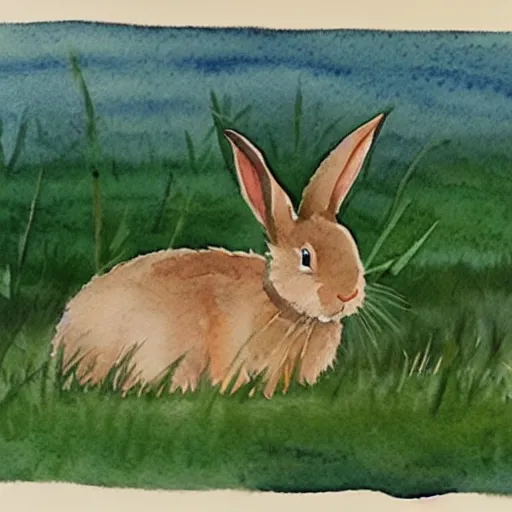 Prompt: a watercolour painting of a rabbit sleeping on a grass field next to a pond