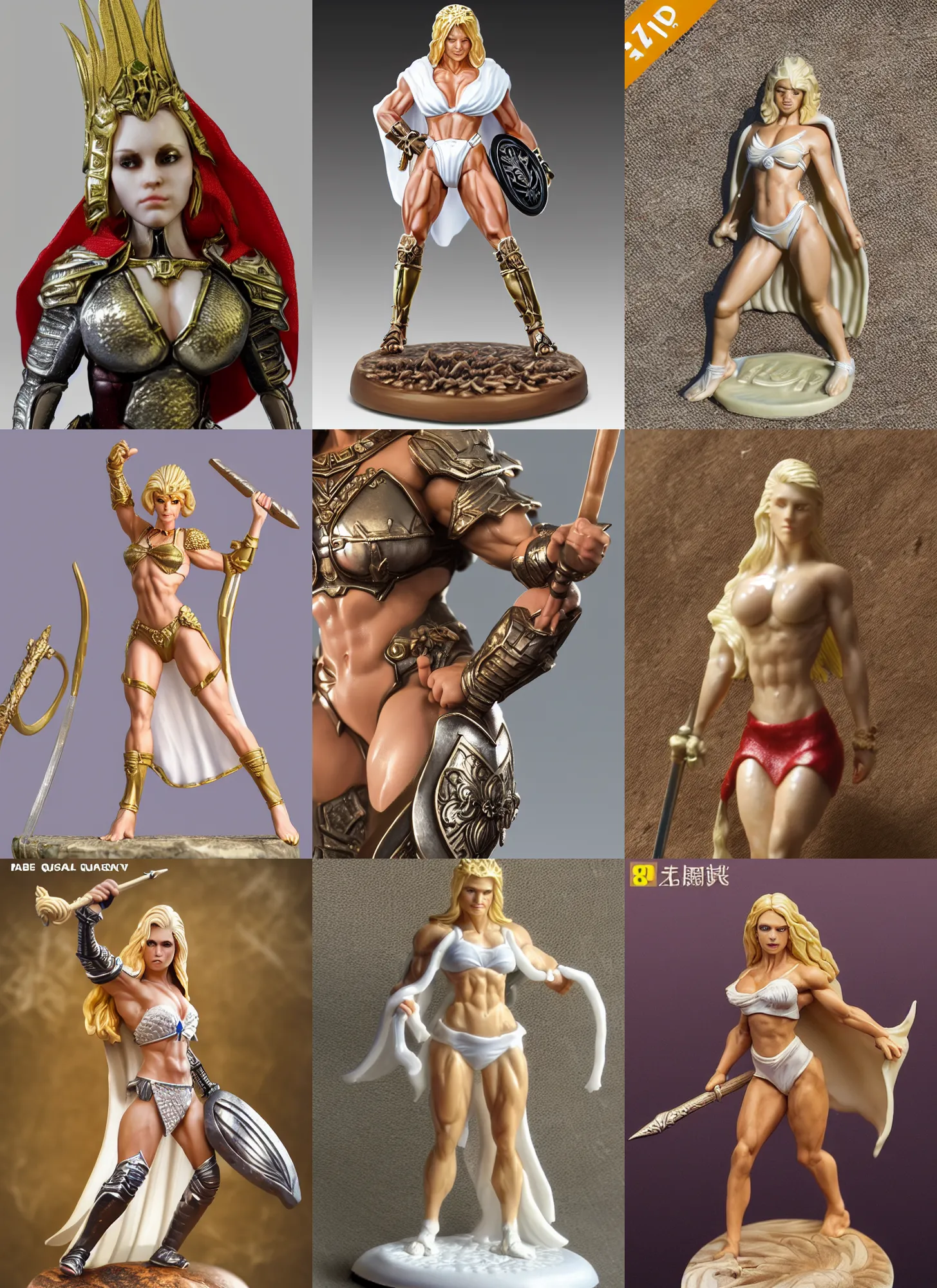 Prompt: 80mm resin detailed miniature of a Very Muscular Queen, long white cape, bikini-armor, light skin, short blonde hair, on textured disc base, Company logo in upper left corner; Miniature product Photo, 4K, Full body