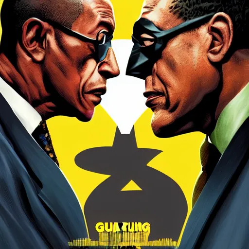 Image similar to batman versus gus fring, poster, movie poster, facing each other, side angle, imax, highly detailed, cel-shaded