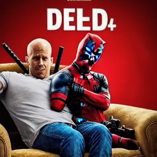 Image similar to Deadpool with Ted bear from Ted movie, chilling on the couch, drinking beers, 🍻, cheers!