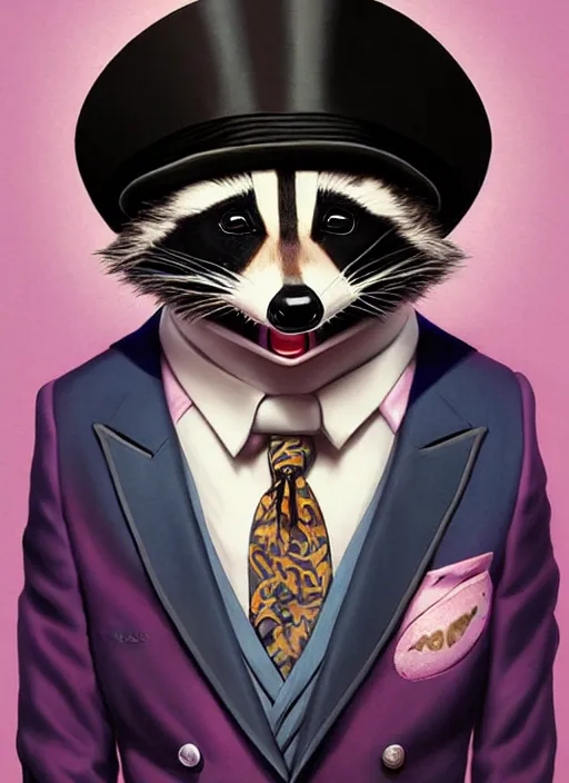 Image similar to an anthropomorphic raccoon in a fancy suit and a top hat, pixar style by tristan eaton, artgerm, tom bagshaw