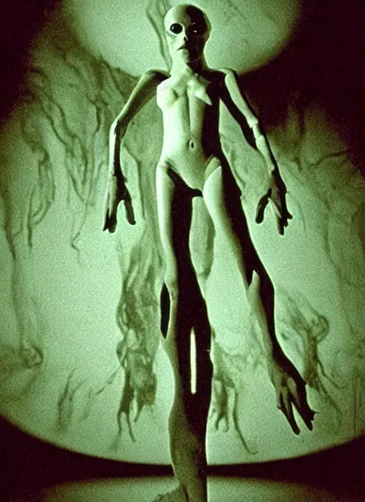 Prompt: horror practical fx of an a glowing figure in the middle of a room by dario argento and david cronenberg 1 9 7 0