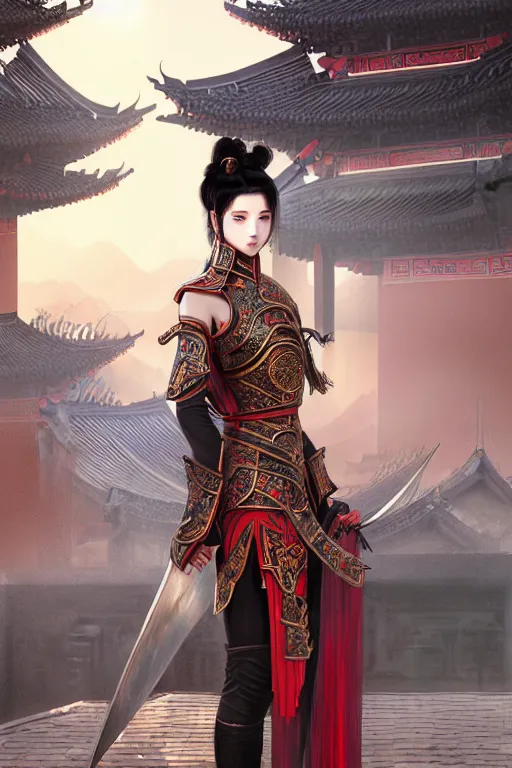 Image similar to portrait black hair young knights of Dynasty Warriors girl, metallic red armor, in ruin chinese temple rooftop sunset, ssci-fi and fantasy, intricate and very beautiful and elegant, highly detailed, digital painting, soft light, artstation, concept art, smooth and sharp focus, illustration, art by tian zi and WLOP and alphonse mucha