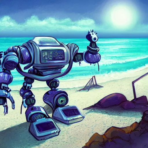 Prompt: art station, concept art, beach, robots