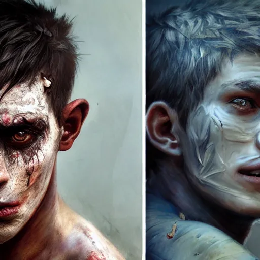 Prompt: portrait painting of young man with severe burn scars on his face and poorly cut short hair with a severe expression wearing tattered leather armor, ultra realistic, concept art, intricate details, eerie, highly detailed, photorealistic, octane render, 8 k, unreal engine. art by artgerm and greg rutkowski and charlie bowater and magali villeneuve and alphonse mucha