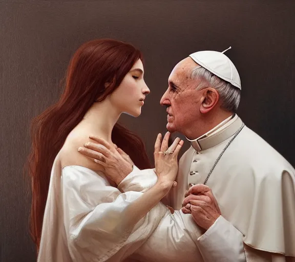 Image similar to photography of a pope kissing the breast of a sensual woman, deep focus, intricate, elegant, highly detailed, digital painting, artstation, concept art, matte, sharp focus, illustration, art by artgerm and greg rutkowski and alphonse mucha