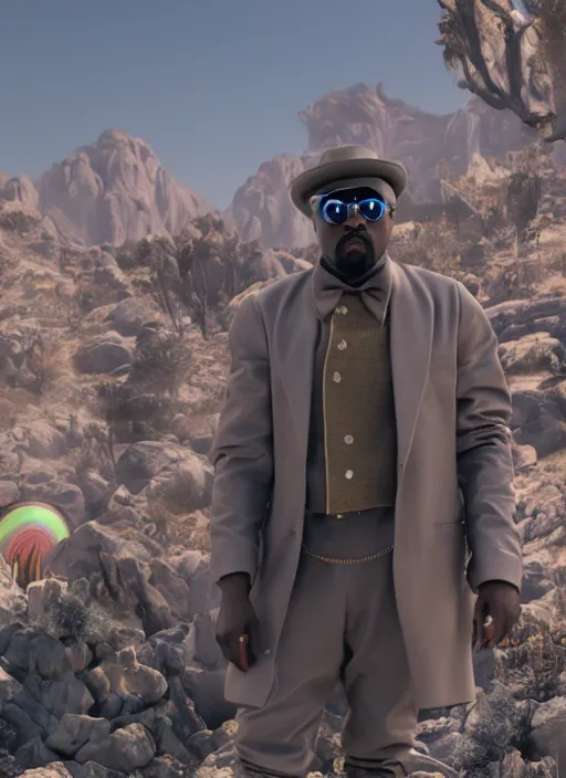 Image similar to Kanye West as willy wonka in fallout new vegas, splash art, movie still, cinematic lighting, dramatic, octane render, long lens, shallow depth of field, bokeh, anamorphic lens flare, 8k, hyper detailed, 35mm film grain