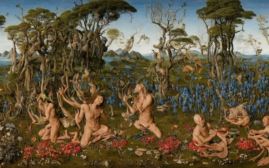 Image similar to a portrait photograph of a meditating centaur shaman and a flayed monk feeding harpies at a wide river delta. surrounded by bulbous flowers, animals and a few trees. mountain range under a blue sky of burning stars. painted by jan van eyck, max ernst, ernst haeckel, ernst fuchs and artgerm, trending on cgsociety