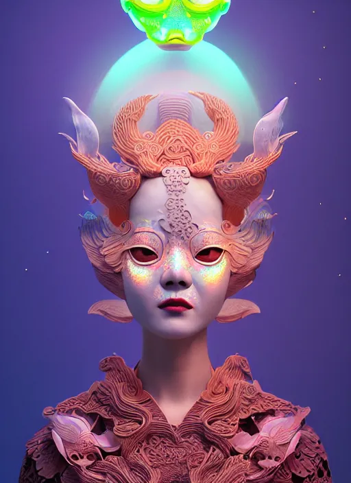 Image similar to 3 d goddess medium shot profile portrait. beautiful intricate highly detailed korean gumiho mask and traditional korean hanbok. stingray, magpie, bioluminescent, plasma, lava, ice, water, wind, creature, fog, artwork by tooth wu and wlop and beeple and greg rutkowski, in the style of hudson river school,